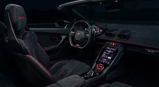 Premium supercar interior with red-stitched Alcantara seats