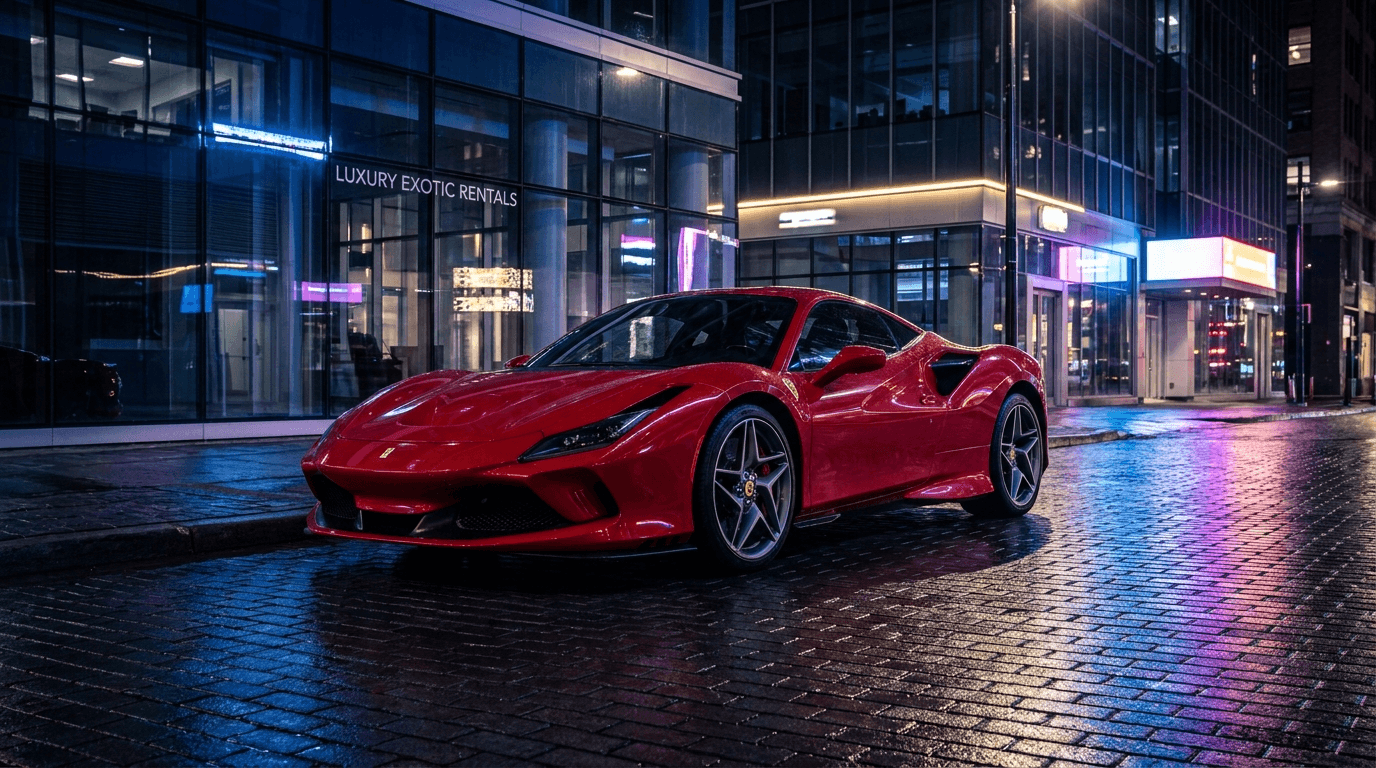 Red exotic supercar on a neon-lit city street at night