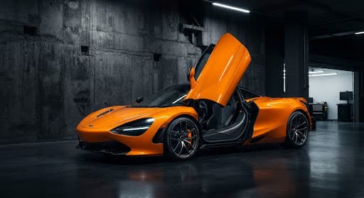 A McLaren 720S in papaya orange against a concrete backdrop